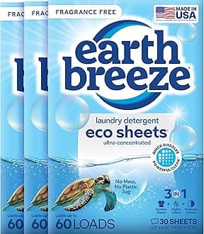 - Earth Breeze Laundry Detergent Sheets Fragrance-Free - 180 Loads Eco Liquidless Soap - Travel-Friendly for Hot & Cold Cycles, Tackles Tough Stains & Odors - Gentle on Sensitive Skin, 90 Ct (3 Pack)