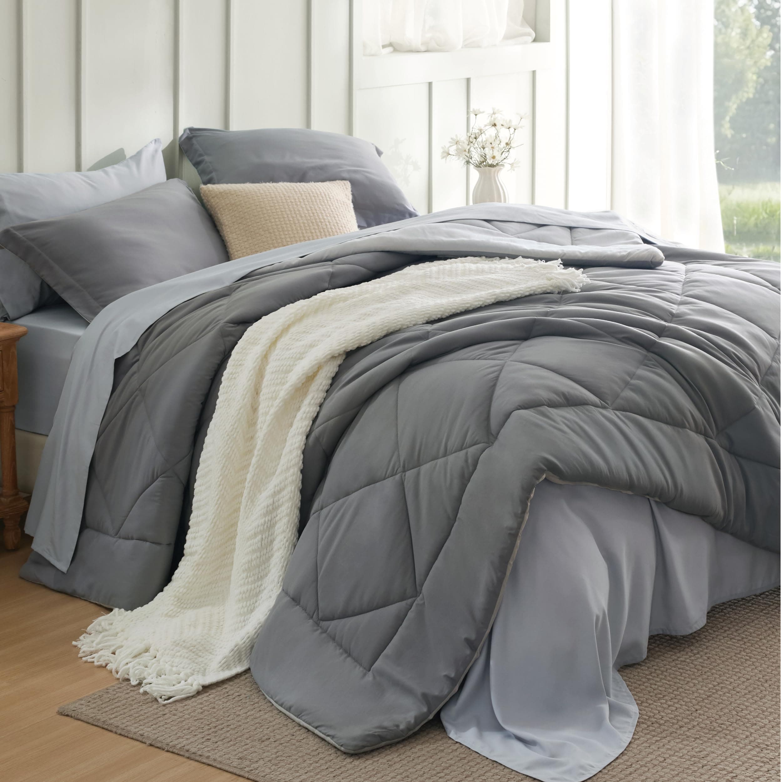 Bedsure Queen Comforter Set - 7 Pieces Reversible Queen Bed Set Bed in a Bag with Comforters Queen Size, Sheets, Pillowcases & Shams, Grey Bedding Sets