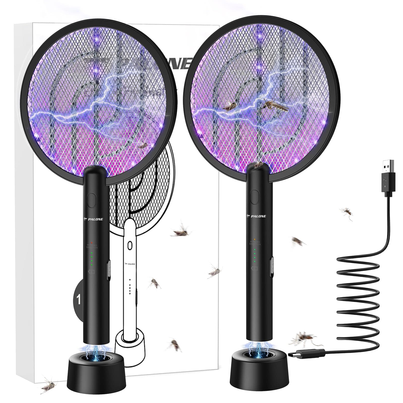 PALONE Electric Fly Swatter 4000V Bug Zapper Racket 2 in 1 Fly Killer with 1200mAh Battery Rechargeable Mosquito Killer Lamp with 3 Layers Safety Mesh for Indoor and Outdoor (Black*2)