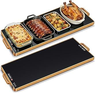 Electric Warming Tray (L 32"x12"),Food Warmers for Parties Buffet with Thermostat & Full Surface Heating, Tempered Glass Warming Mat for Food, Temperature Adjustable Gold Handles Food Warming Mat
