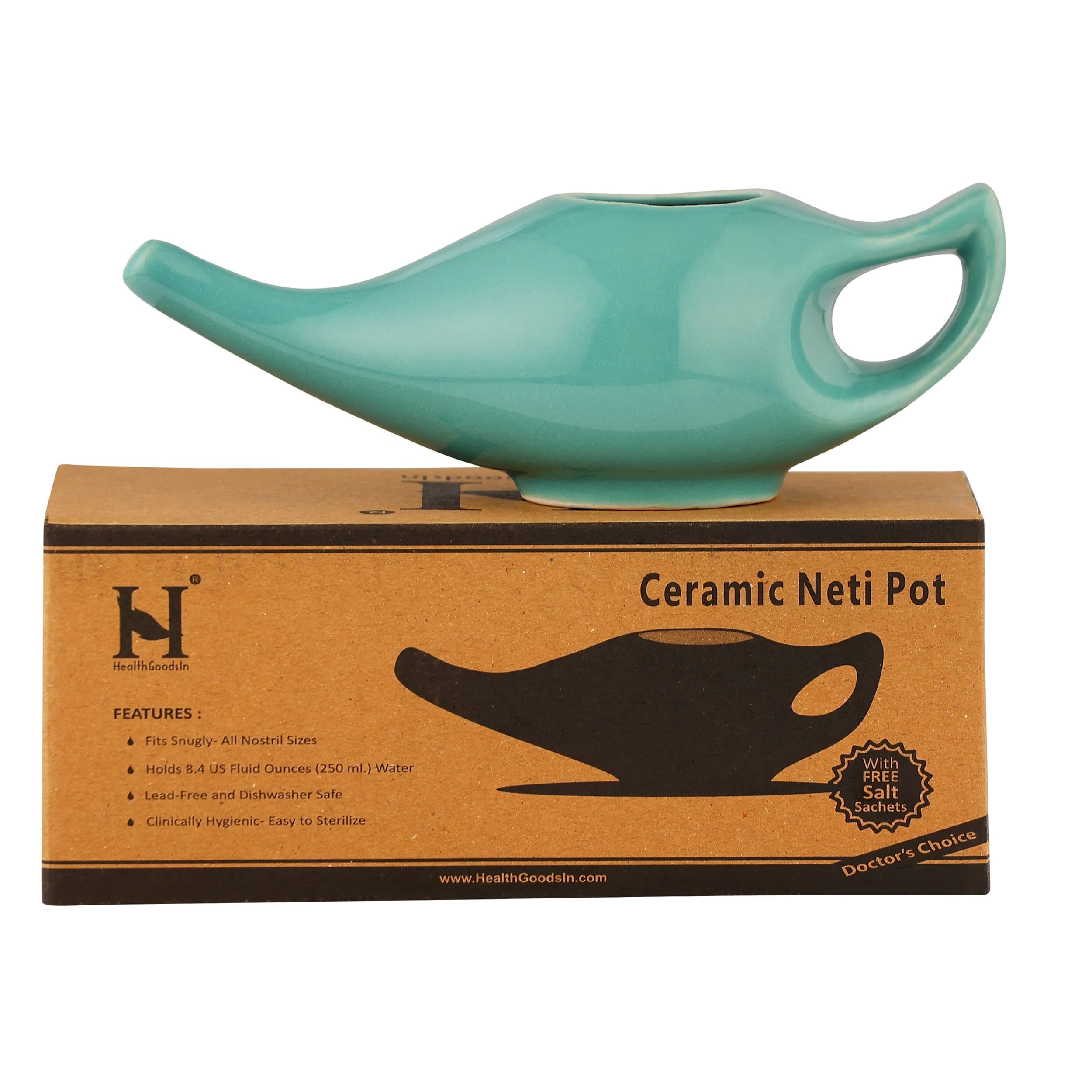 Ceramic Neti Pot for Sinus, Premium Grade, Dishwasher Safe, Holds 225 Ml. Water - Turquoise Color