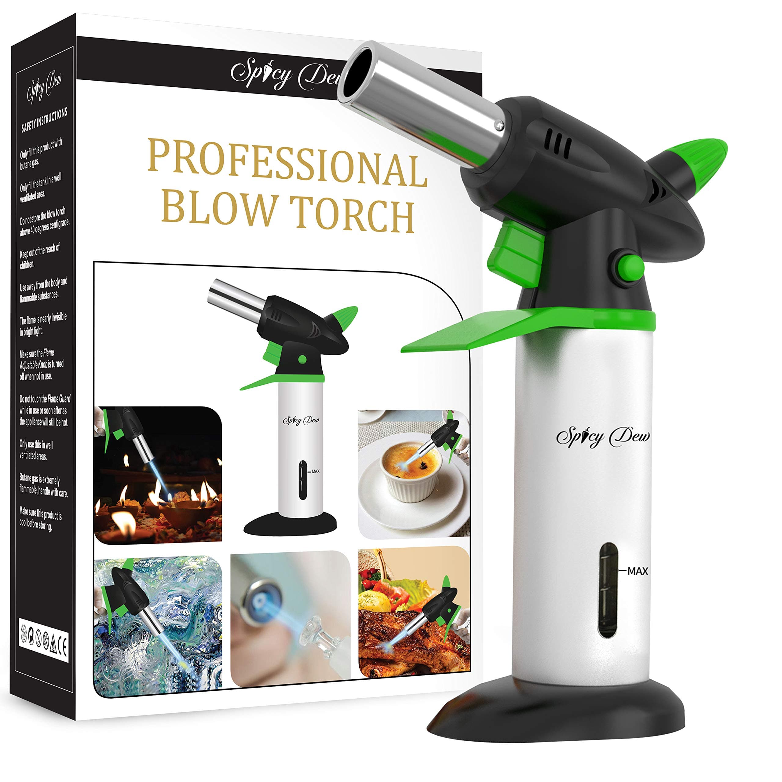 Blowtorch - Professional Culinary Kitchen Torch with Safety Lock and Adjustable Flame - Micro Butane Torch with Fuel Gauge - Green