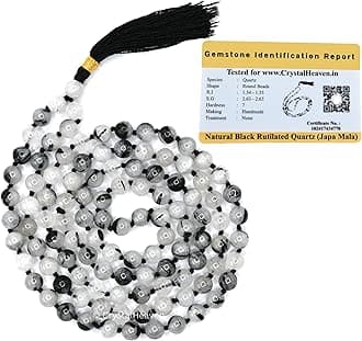 Crystal Heaven Certified Black Rutilated Quartz Crystal Japa Mala Ganthi 108 Beads Buddhist Prayer Beads For Unisex Adult AAA Grade Original Healing Gemstone Agate Mala for Yoga Meditation