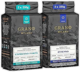 Grano Milano Ground Coffee 1kg, Variety Pack Arabica and Robusta, Medium and Dark Roast Strong Coffee, Made in Italy