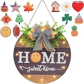 Interchangeable Welcome Sign for Front Door with 14 Changeable Icons, Farmhouse Front Porch Decor Rustic Wooden Wall Sign with 12 LED Lights, Outdoor Seasonal Welcome Home Decorations (Wood home1)
