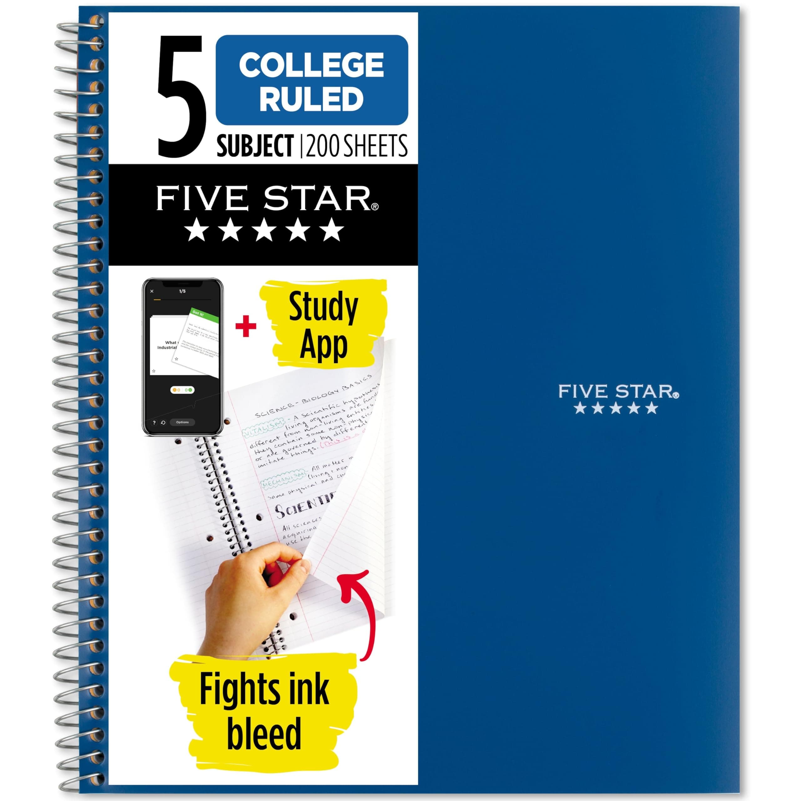 Spiral Notebook + Study App, 5 Subject, College Ruled Paper, 8-1/2" x 11", 200 Sheets, Fights Ink Bleed, Water Resistant Cover, Pacific Blue (73635)