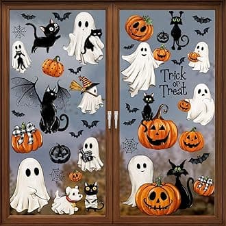 87 PCS Halloween Window Clings Ghost Decals Decor, Vintage Ghost Evil Pumpkin Bat Black Cat Reusable Window Stickers for Halloween Party Supplies Home Glass Decorations