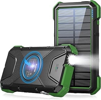 BLAVOR Solar Charger Power Bank 18W, QC 3.0 Portable Wireless Charger 10W/7.5W/5W with 4 Outputs & Dual Inputs, 20000mAh External Battery Pack IPX5 Waterproof with Flashlight & Compass (Dark Green)