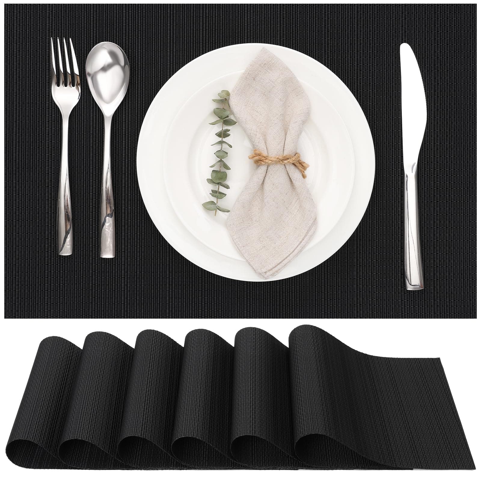 Myir JUN Table Mats Set of 6, Place Mats Table Placemats Washable Non-slip Heat Insulation Woven Vinyl for Kitchen Dinning Restaurant 17"X12" (Black)