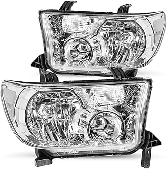 JSBOYAT Headlight Assembly Replacement for 2007 2008 2009 2010 2011 2012 2013 Toyota Tundra / 2008-2017 Sequoia Chrome Housing with Clear Reflector, w/o Headlight Leveling Adjuster