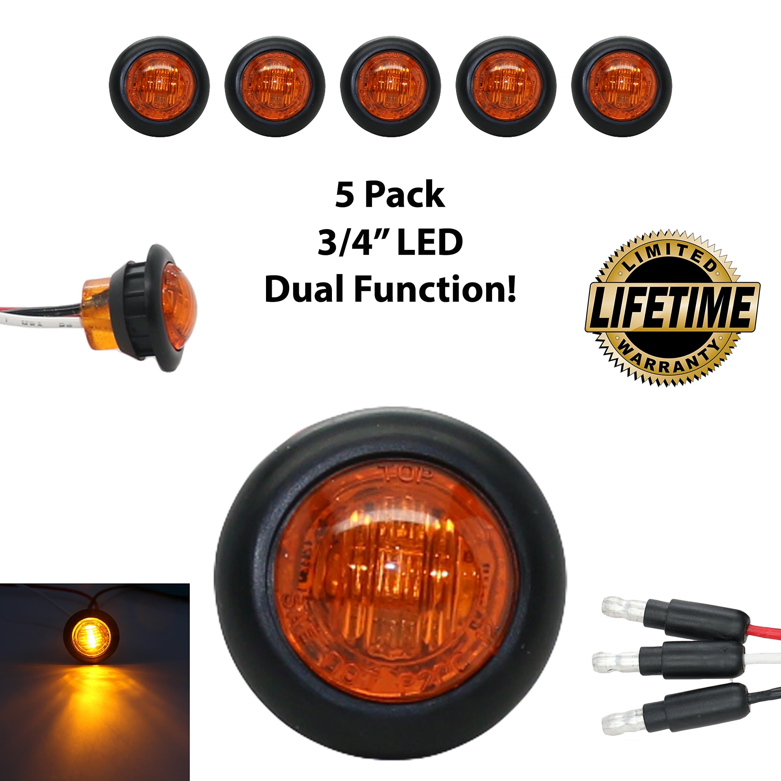 5 pack 3/4" LED Clearance Marker Bullet Grommet Lights, Dual Function, 3 Wire (Amber) 3 LED Triple High Output
