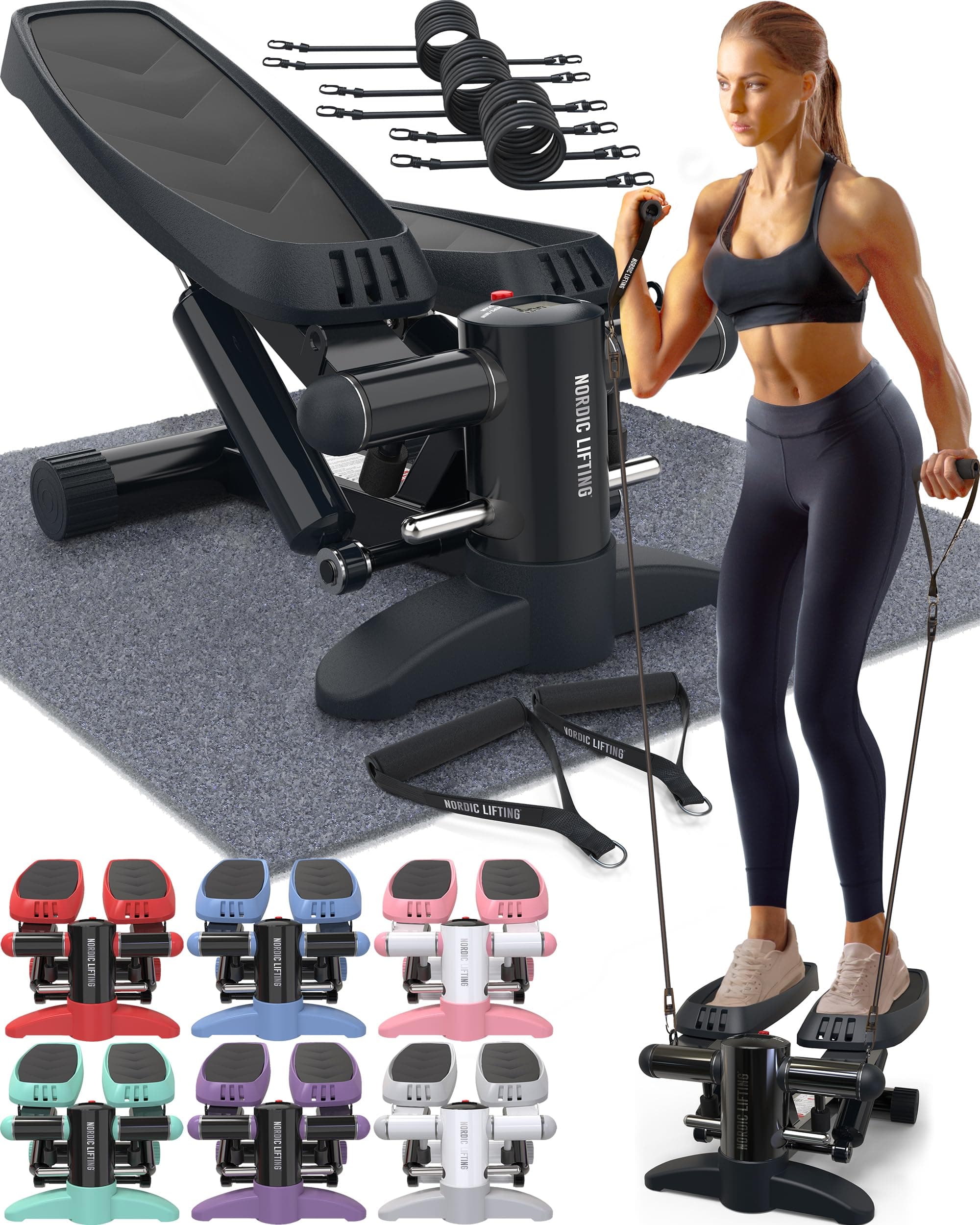 Mini Stepper & Stair Climber Machine - w/Resistance Bands Set - Built in Monitor by Nordic Lifting