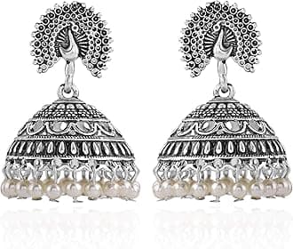Estele Women & Girls Silver Oxidised Stylish Traditional Peacock Earrings