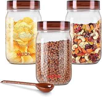 MILTON Vintage Airtight Containers with Spoons for Kitchen Storage, Food Grade Plastic, Stackable & Transparent Organizer Jars, Masala Dabba, Set of 3 (750ml each) for Tea, Coffee, Sugar, Dry Fruits