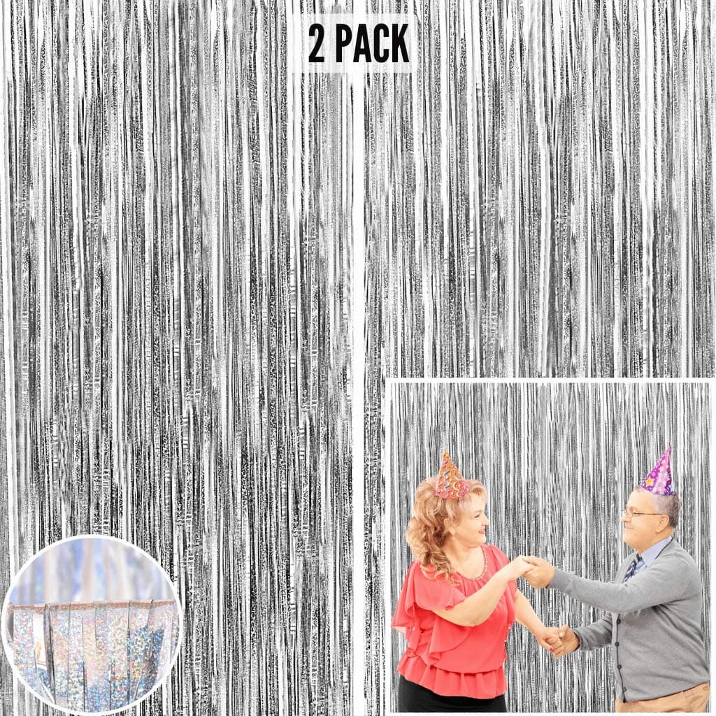 Silver Foil Fringe Curtain Backdrop (2 Pack) - 9.8 x 3.3 ft Photo Booth Backdrop Curtain for Parties - Tinsel Curtain Fringe Backdrop Party Decorations for Birthday, Wedding or Bachelorette Party