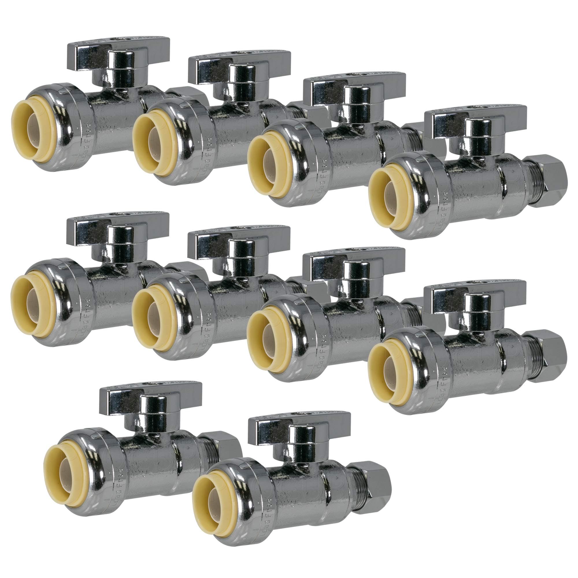 [10-Pack] PROCURU PushFit Straight Stop Valve 1/2" Push x 3/8" OD Comp, Quarter-Turn, Faucet/Toilet Shut Off Valve (8X8022-10P)