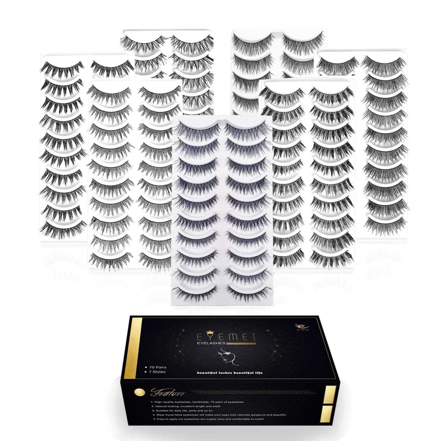 False Eyelashes Natural Soft Multipack 70 Pairs 7 Style 3D Handmade Reusable Long Fake Eyelashes With Colored Eyelashes,10 Pairs Eyelashes Each Style by EYEMEI (70 Pairs)