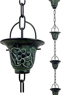 8.5 ft Grape Leaf Vineyard Cups Green Patina, to Replace Roof Gutter Downspout, with Installation Kit, Rainwater Catcher/Water Diverter, JAS8005GN