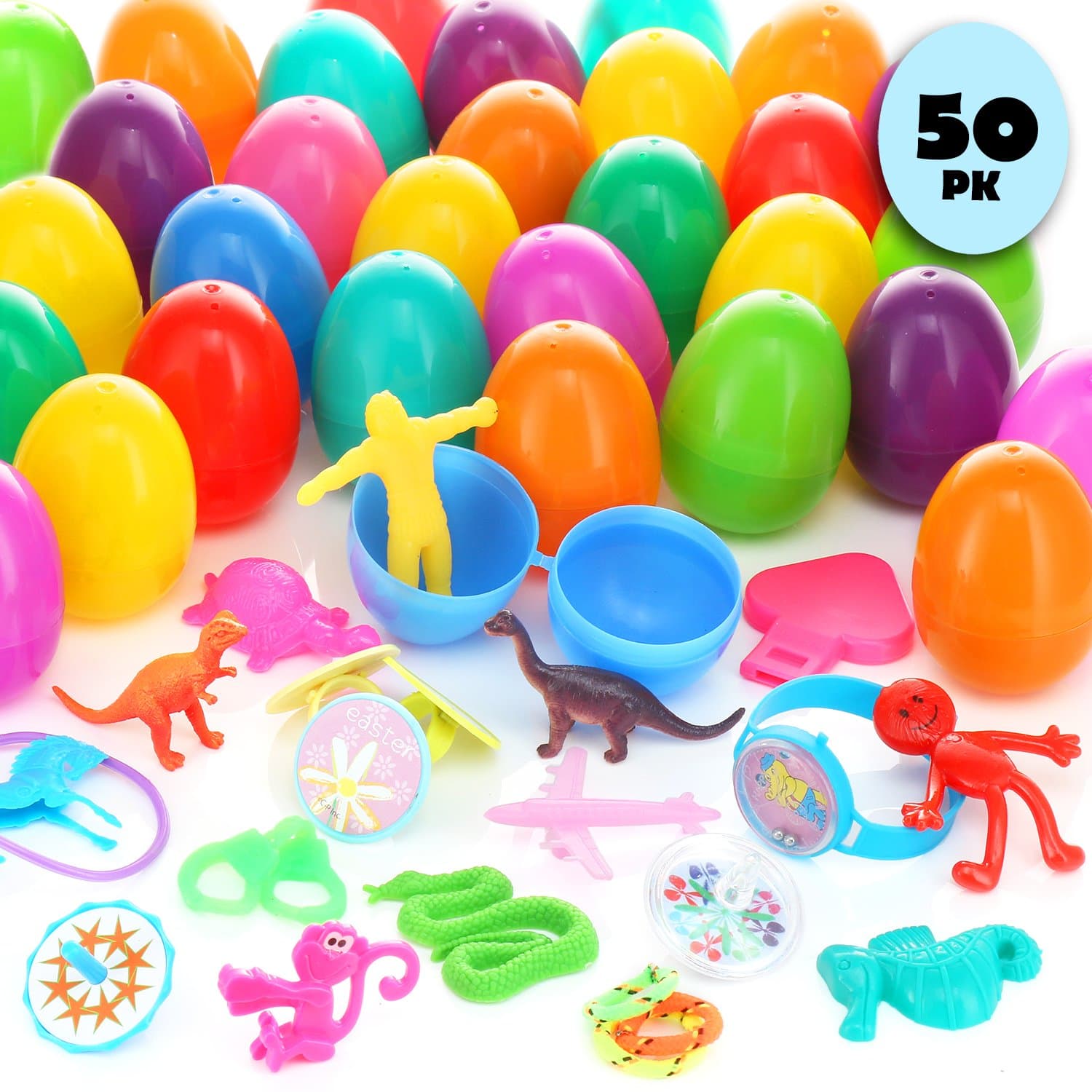 50 Pack – Easter Eggs with Toys Inside - 2-1/3” Toy Filled Easter Eggs for Basket – Bulk Plastic Egg Prefilled with Mini Toys – Assorted Colors and Prizes