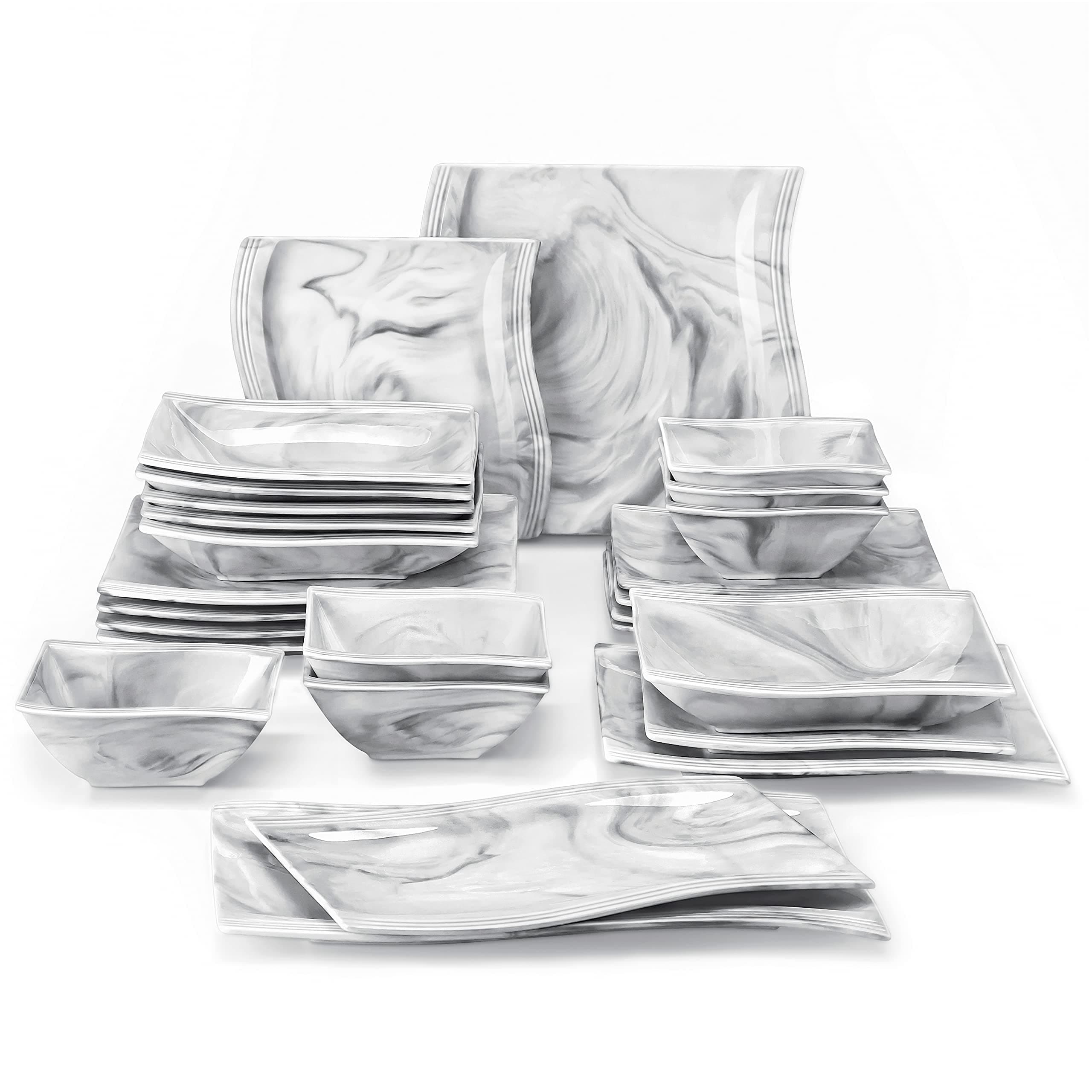 MALACASA Square Porcelain Dinnerware Set, 26-Piece Marble Grey Dinner Sets Oven Safe,Plates and Bowls Set with Dinner Plates Dessert Plates and Soup Plates,Service for 6,Series Flora