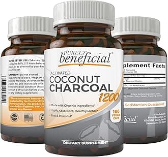 PURELY beneficial Organic Activated Coconut Charcoal 1200mg, 180 Capsules - Pills for Digestive System, Bloating, Detoxification, Teeth Whitening, Vegan (1bottle)