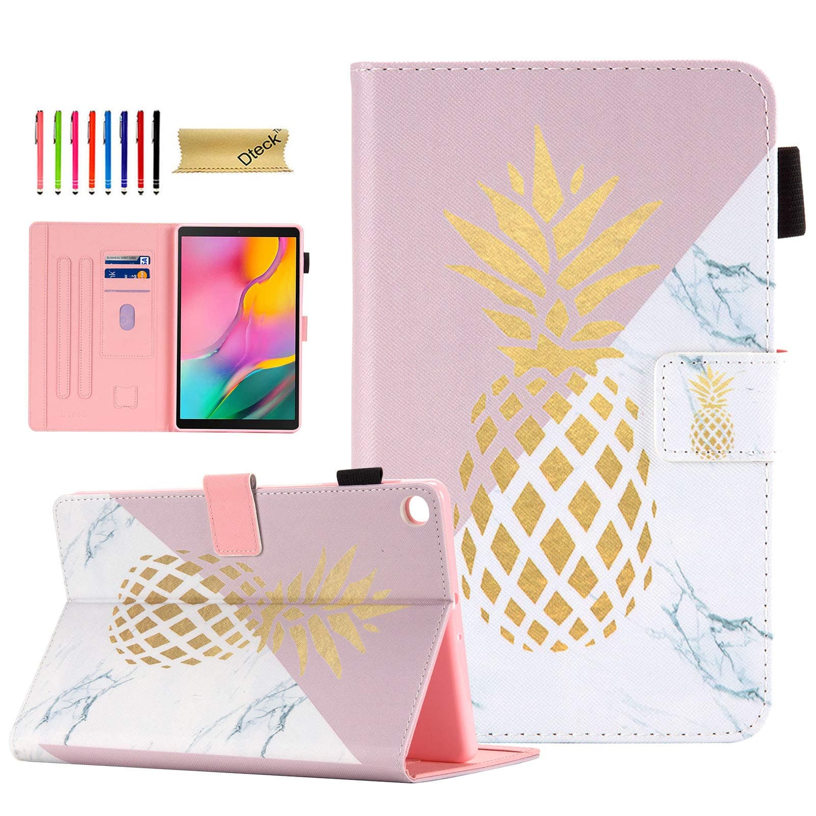Samsung Galaxy Tab A 10.1 2019 Dteck Slim Fit Premium Leather Folio Stand Protective Magnetic Case with Card Slots, Marble Pineapple