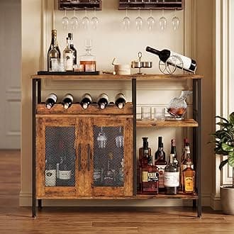 Wine Bar Rack Cabinet with Detachable Wine Rack, Coffee Bar Cabinet with Glass Holder, Small Sideboard and Buffet Cabinet with Mesh Door, Rustic Brown, Large