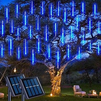 JMEXSUSS 2 Pack Solar Meteor Shower Lights, Blue Meteor Cascading Rain Lights, Waterproof for Tree/Garden Party Christmas Decor - 16 Tubes, 288 LED