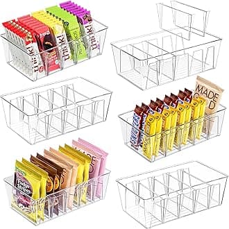 Puricon6 Pack Pantry Organization and Storage Bins for Kitchen Fridge Countertop Cabinet, Stackable Clear Plastic Storage Racks with Removable Dividers, 5 Compartments for Snacks Packets Spices