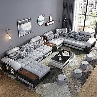 Furnista Modern Luxury 7 Seater Modular Fabric Sofa Furniture Set Multifunctional Living Room Home Corner Couch U Shaped Sectional Sofa (Grey)