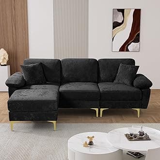 OUYESSIR L Shaped Sectional Sofa Couch, 3 Seat Velvet Sofa with Ottoman and Pillows, Upholstered Comfy Couch Sleeper for Living Room, Bedroom, 91 inches (Black)