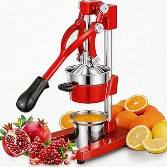 Commercial Heavy Duty Cast Iron Hand Press Manual Orange Citrus Lemon Lime Grapefruit Pomegranate Fruit Juice Squeezer Machine with Stainless Steel Cup Red