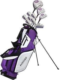 Precise Top Line Ladies Purple Right Handed M5 Golf Club Set, 460cc Driver, 3 Wood, 21* Hybrid, 5, 6, 7, 8, 9, PW Stainless Steel Irons, Putter, Graphite Shafts for Woods & Irons +Stand Bag + 3 Covers