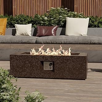 SUNBURY Outdoor Fire Pit, 42" Rectangle Propane Gas Patio Fire Table 50,000 BTU Concrete Travertine Design, Small Firepit Table with Lava Rocks, Waterproof Cover (Dark Brown)
