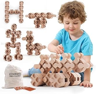 Edyfico THS101, Wooden Building Blocks for Kids, 50Pcs Stacking Toys, Durable & Safe Wood, STEM Learning Toys with Canvas Bag & Parent-Child Cards, Perfect for Home, School, Travel, and Outdoor Fun
