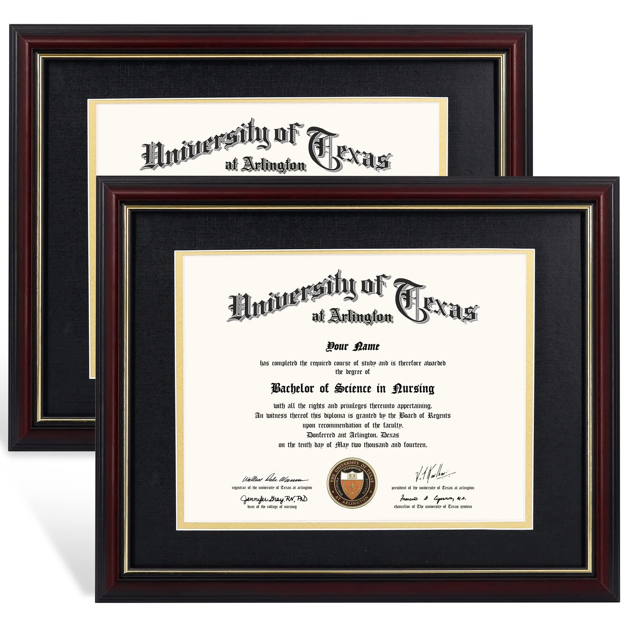 8.5x11 Diploma Frame with Black over Gold Mat or Display 11x14 Certificate without Mat,Solid Wood & UV Protection Acrylic,Cherry Finish with Gold Trim,2 Pack