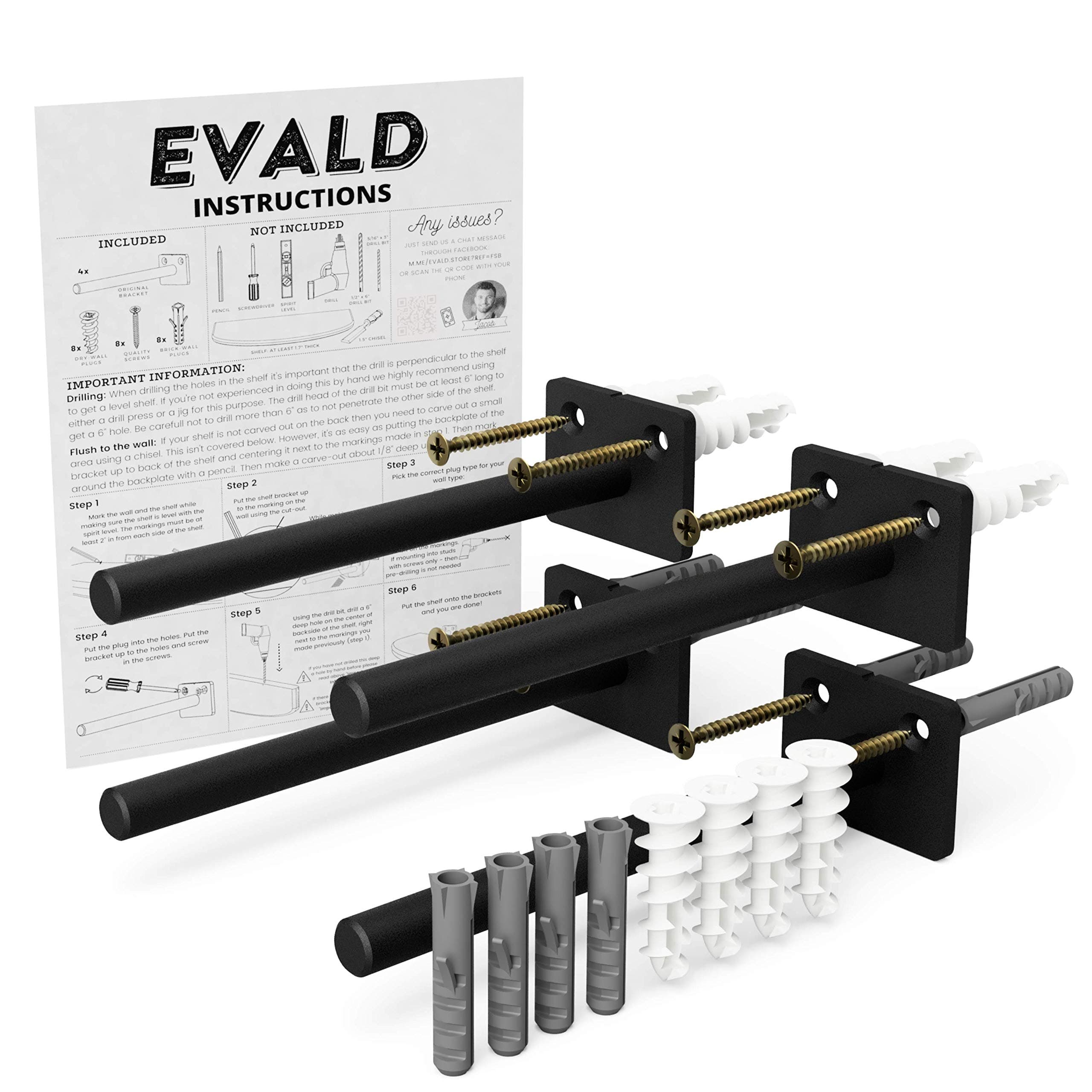 EVALD Standard Floating Shelf Bracket | 6-inch Brackets for Shelves with Anchors and Screws | Invisible Shelf Supports for Home and Office Decor | Suitable for Fireplace Various Wall Types (6 Inch)