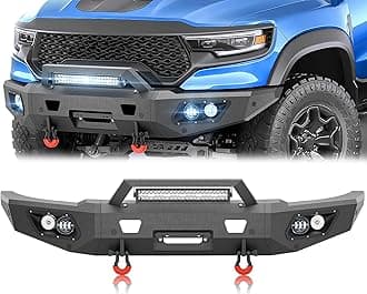 Pickup Truck Front Bumper Compatible with 2021 2022 2023 2024 Dodge Ram 1500 TRX with Winch Plate, 5 x LED Lights, License Plate Frame, Sensor Mounting Holes & D-rings, Black