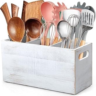 ALELION Rustic White Utensil Holder with Removable Divider - 3 Compartment Wooden Utensil Caddy Organizer for Kitchen Counter - Cooking Utensil Crock for Countertop
