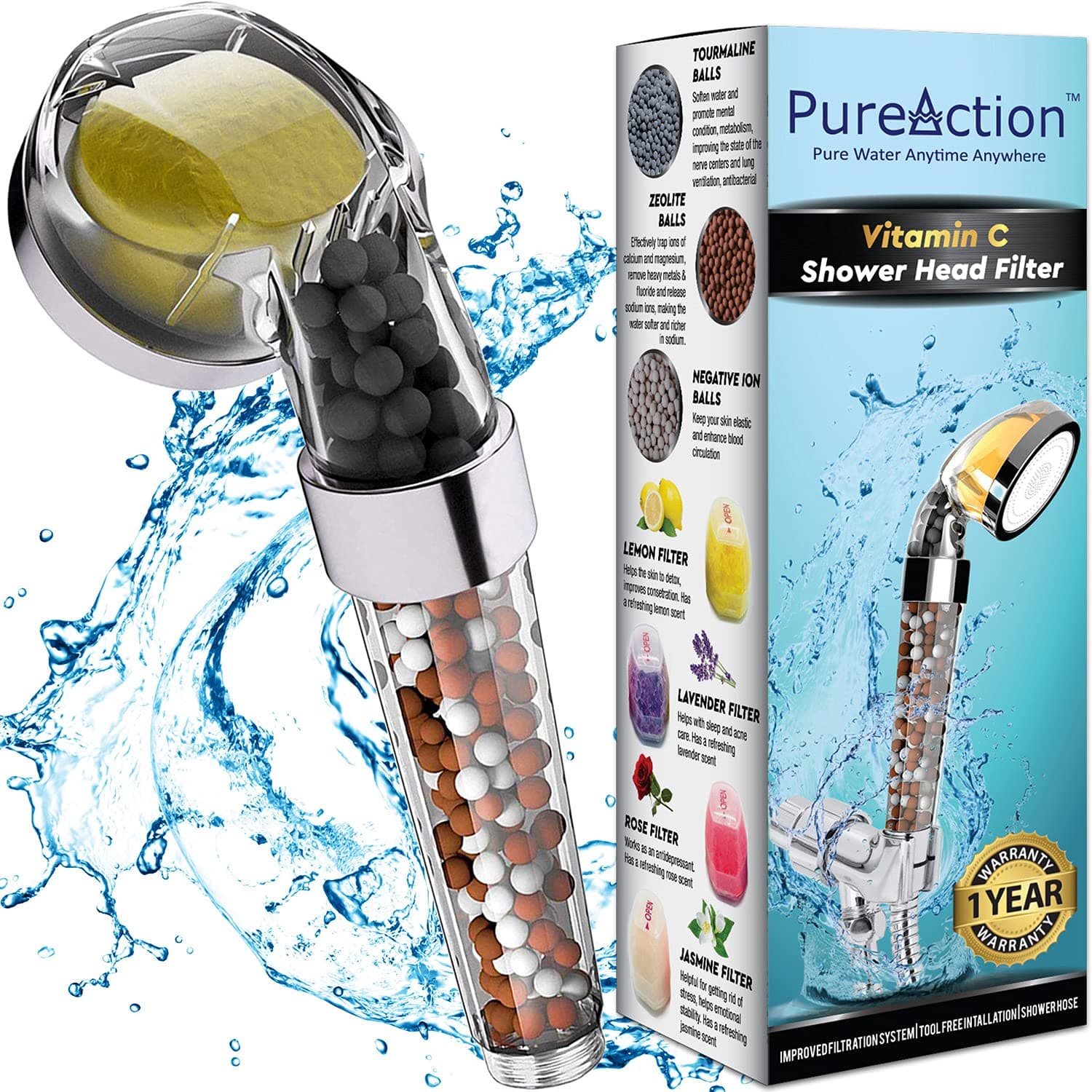 PureAction Vitamin C Filter Shower Head with Hose & Replacement Filters - Filtered Shower Head - Hard Water Softener - Chlorine & Flouride Filter - Universal Shower System - Helps Dry Skin & Hair Loss