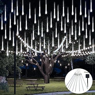JMEXSUSS 30cm 8 Tubes 144 LED Solar Meteor Shower Lights Falling Rain Lights for Holiday Party Wedding Christmas Tree Decoration (White)