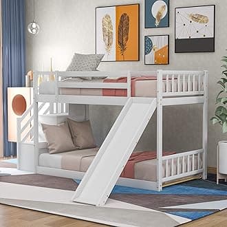 Bellemave Twin Over Twin Bunk Bed with Convertible Slide， Low Bunk Bed Frame with Stairway Wood Bunk Bed with Slide for Kids Boys Girls, White