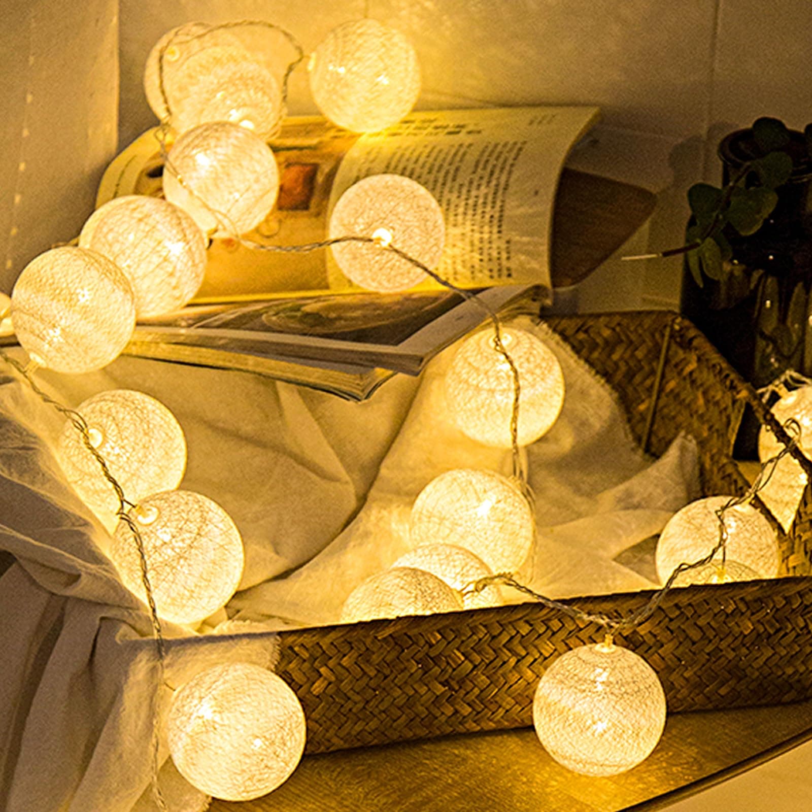 Anordsem Battery String Light Indoor: 6.88Ft/10 LED Cotton Ball Lanterns 2 Pack - Fairy Cozy Lighting Hanging Deco for Room Bedroom Party - Birthday Gifts for Babies Students Adults