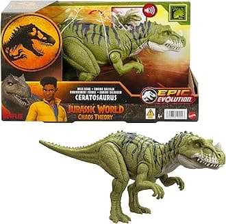 Mattel Jurassic World: Chaos Theory Netflix - Wild Roar Ceratosaurus Dinosaur Figure with Continuing Snapping Chomp Attack & Roar Sound, Posable Toy & Digital Play, Ages 4 Years & Up, HTK74