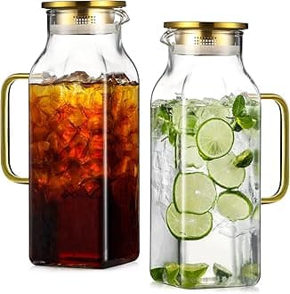 2 Pack 2 Liters/68 oz Square Glass Pitcher with Lid and Handle for Fridge, Iced Tea and Coffee Carafe Beverage Serveware, Heat Resistant Borosilicate Water Gold Jug for Hot/Cold Drinks and Milk