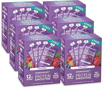 Designer Wellness Protein Smoothie, Real Fruit, 12g Protein, Low Carb, Zero Added Sugar, Gluten-Free, Non-GMO, No Artificial Colors or Flavors, Mixed Berry, 24 Count