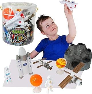 Tub Playset - Space from Deluxebase. 12 Piece Educational Sea Life Toy Playset for Kids. Reusable Tub with Astronauts, Planets, Rocket, Space Shuttle, Satellite, Moon Rock plus Accessories