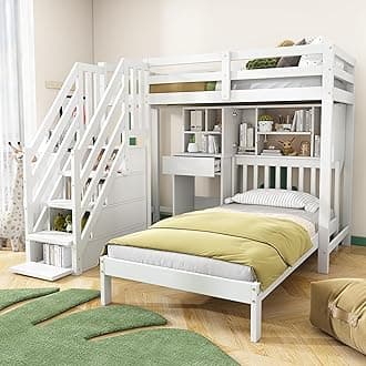 Bunk Bed for Kids, Wood House Bunk Bed 90 * 190 cm, Loft Bed, Multifunctional Children's Bed, Storage Space Function, With Desk and Shelves, With Slatted Frame, White