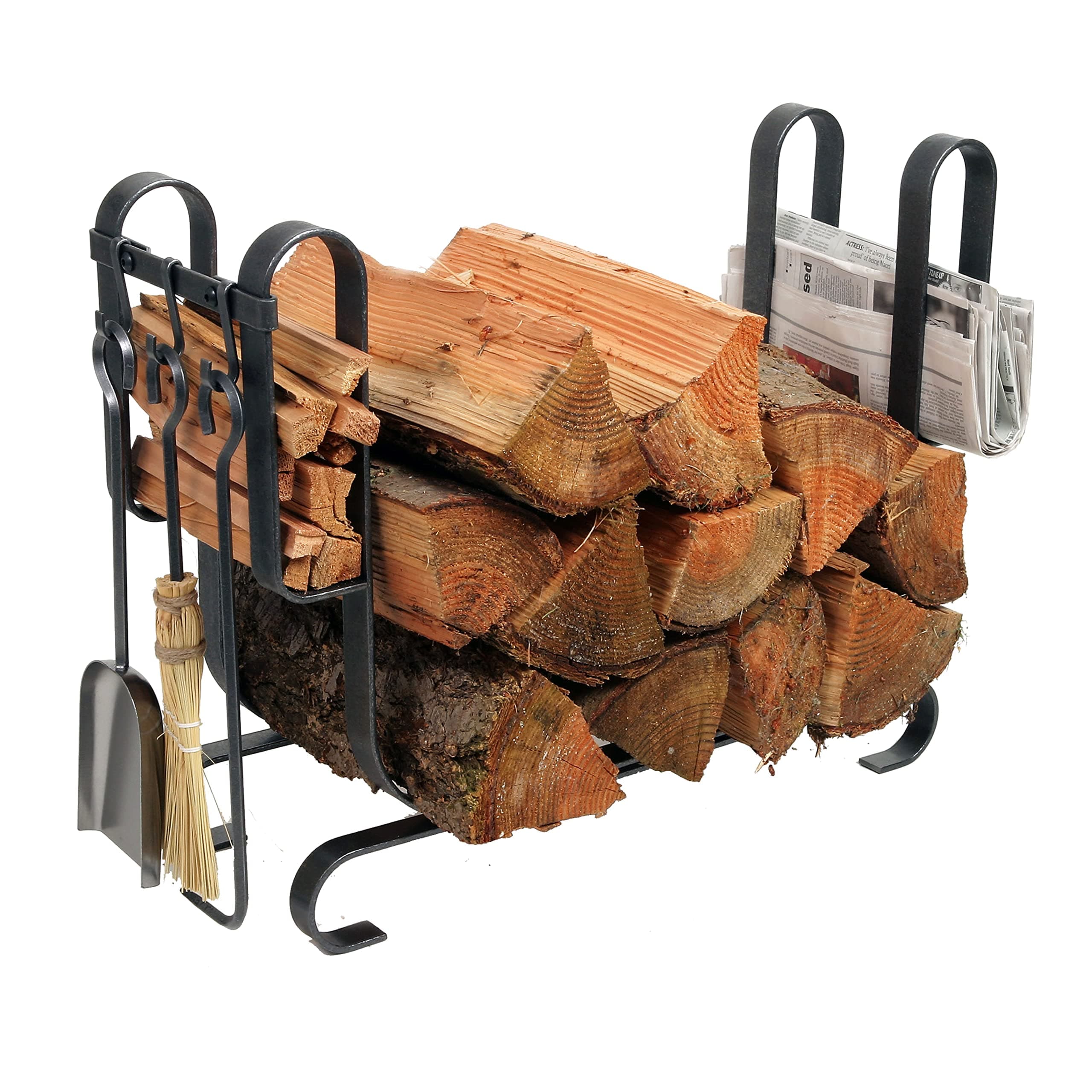 Enclume Large Modern Log Rack with Fireplace Tools, Hammered Steel