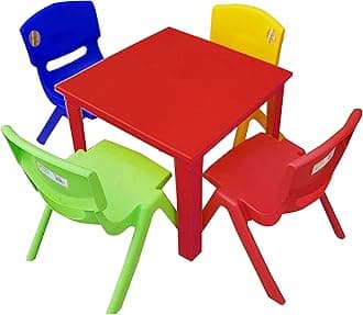 A406 Strong Kids Children Table and Chairs Set for Study, Activity Garden Indoor (Red Table + 4 Chairs Mix)